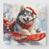Alaskan Malamute in Sledge Laat het Sneeuw Kerstmi Vierkante Klok (Voorkant)