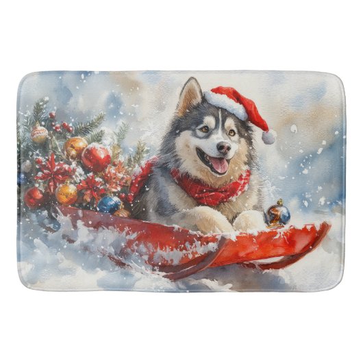 Alaskan Malamute in slee Let it Snow Kerstmis Badmat (Voorkant)