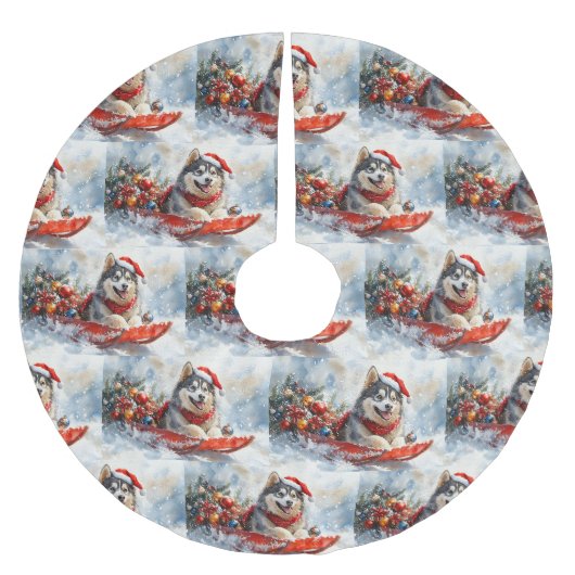 Alaskan Malamute in slee Let it Snow Kerstmis Kerstboom Rok (Voorkant)