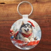 Alaskan Malamute in slee Let it Snow Kerstmis Sleutelhanger (Voorkant)