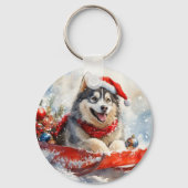 Alaskan Malamute in slee Let it Snow Kerstmis Sleutelhanger (Achterkant)
