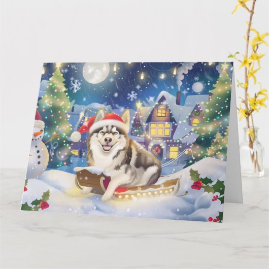Alaskan Malamute in Sleigh Snow Kerstmis Kaart (Gele Bloem)