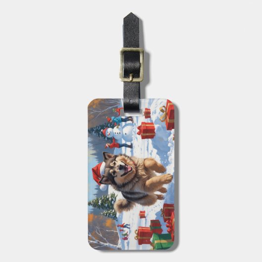 Alaskan Malamute Kerst Feestelijke Sneeuwscène Bagagelabel (Voorkant verticaal)