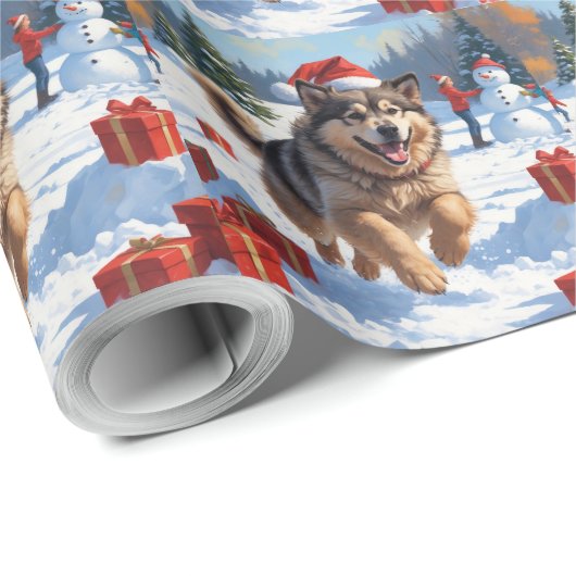 Alaskan Malamute Kerst Feestelijke Sneeuwscène Cadeaupapier (Rol Hoek)