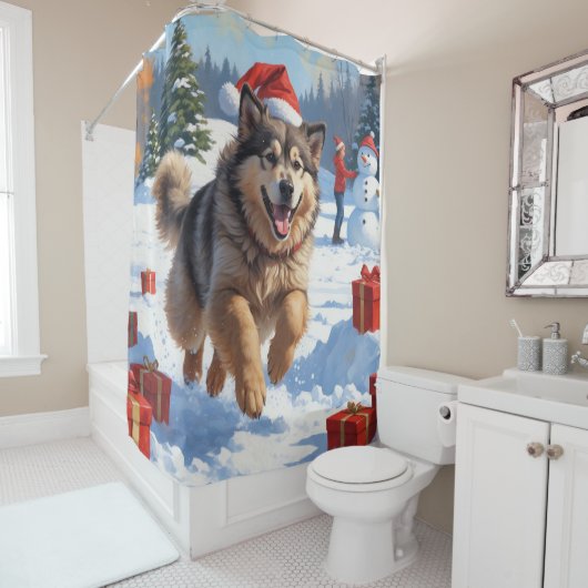 Alaskan Malamute Kerst Feestelijke Sneeuwscène Douchegordijn (In situ)