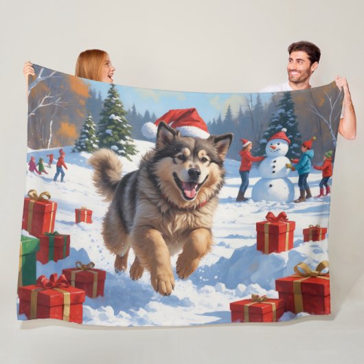 Alaskan Malamute Kerst Feestelijke Sneeuwscène Fleece Deken (In situ)