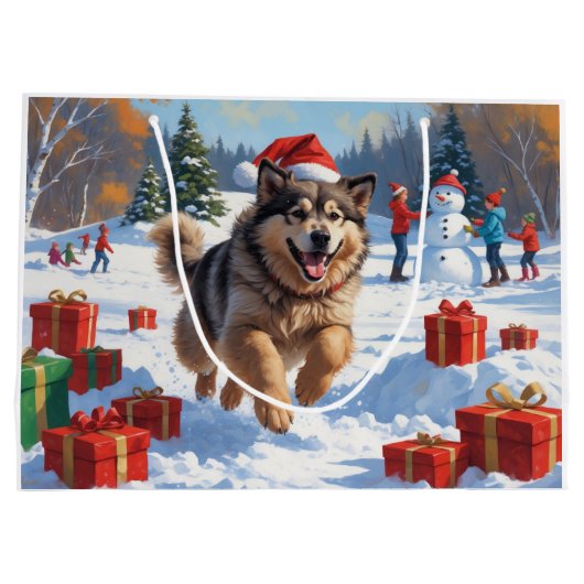 Alaskan Malamute Kerst Feestelijke Sneeuwscène Groot Cadeauzakje (Achterkant)