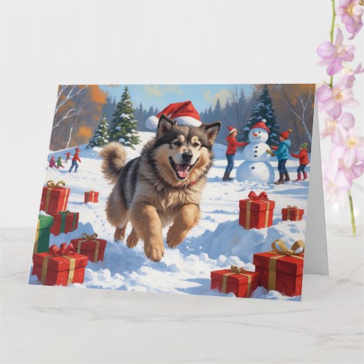 Alaskan Malamute Kerst Feestelijke Sneeuwscène Kaart (Orchidee)