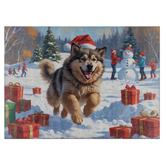 Alaskan Malamute Kerst Feestelijke Sneeuwscène Snijplank (Voorkant)