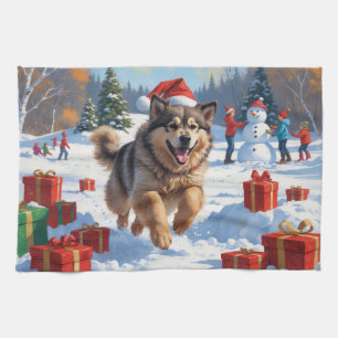 Alaskan Malamute Kerst Feestelijke Sneeuwscène Theedoek