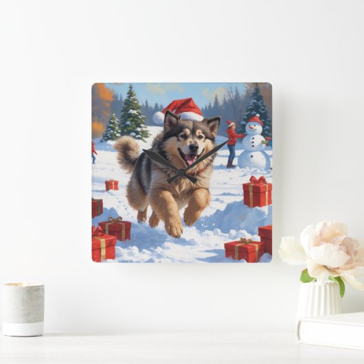 Alaskan Malamute Kerst Feestelijke Sneeuwscène Vierkante Klok (Huis)