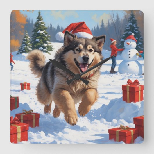 Alaskan Malamute Kerst Feestelijke Sneeuwscène Vierkante Klok (Voorkant)