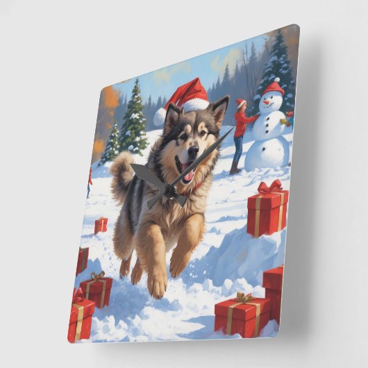 Alaskan Malamute Kerst Feestelijke Sneeuwscène Vierkante Klok (Hoek)