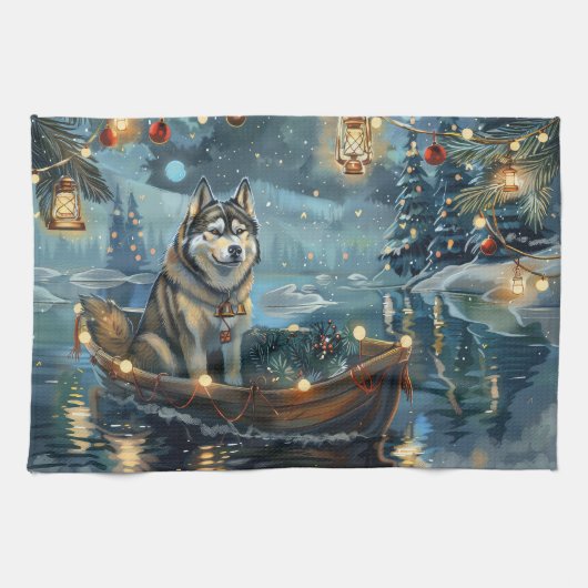 Alaskan Malamute Kerst Festieve Reis Theedoek (Horizontaal)