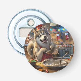 Alaskan Malamute Kerstbak: Festieve Kerstmis Button Flesopener