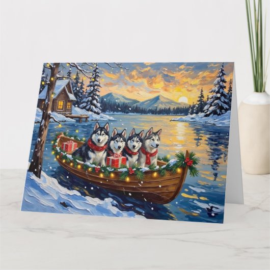 Alaskan Malamute Kerstboot Vakantie Kaart (Voorkant)