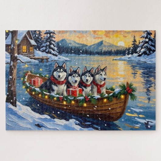 Alaskan Malamute Kerstboot Vakantie Legpuzzel (Horizontaal)