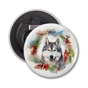 Alaskan Malamute Kerstkrans feestelijke pup Button Flesopener