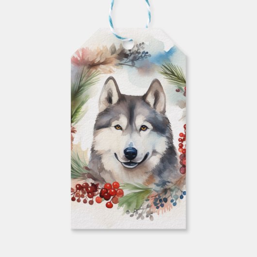 Alaskan Malamute Kerstkrans feestelijke pup Cadeaulabel (Achterkant)