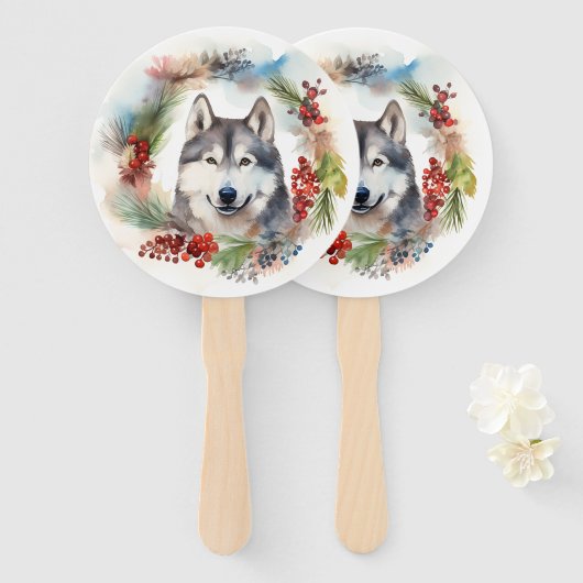 Alaskan Malamute Kerstkrans feestelijke pup Handwaaier (Voorkant en achterkant)