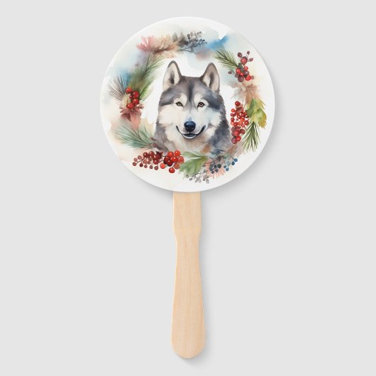 Alaskan Malamute Kerstkrans feestelijke pup Handwaaier (Voorkant)