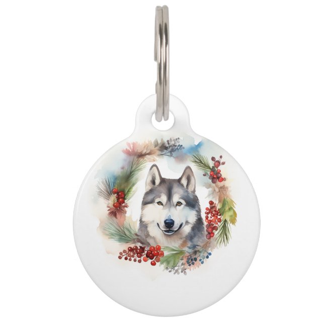 Alaskan Malamute Kerstkrans feestelijke pup Huisdierpenning (Achterkant)
