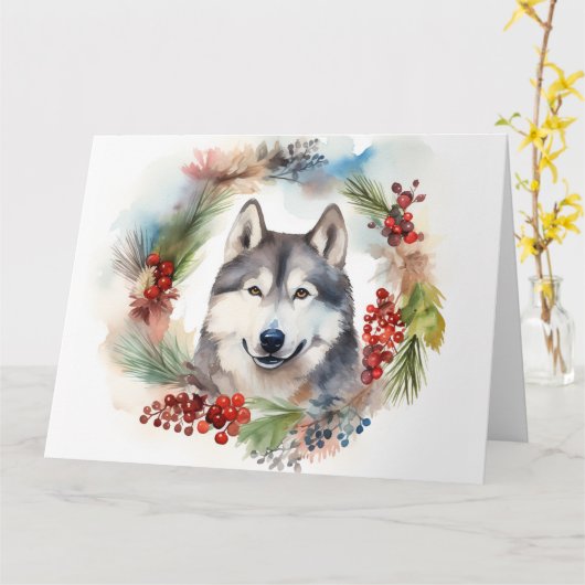Alaskan Malamute Kerstkrans feestelijke pup Kaart (Gele Bloem)