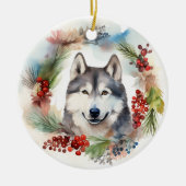 Alaskan Malamute Kerstkrans feestelijke pup Keramisch Ornament (Voorkant)