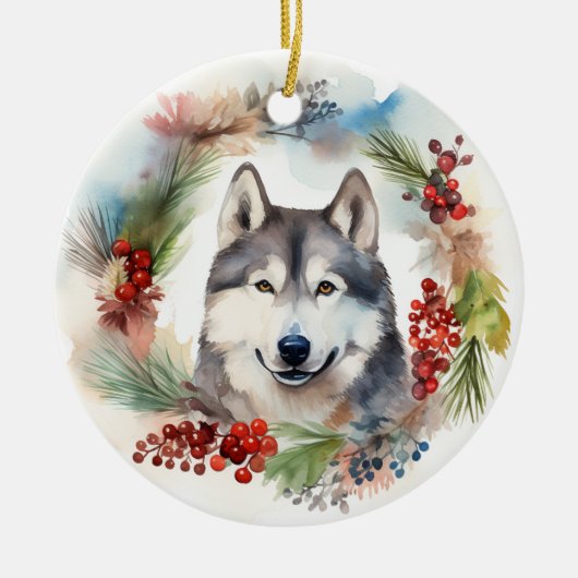Alaskan Malamute Kerstkrans feestelijke pup Keramisch Ornament (Voorkant)