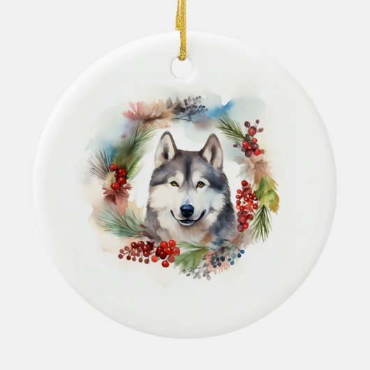Alaskan Malamute Kerstkrans feestelijke pup Keramisch Ornament (Achterkant)