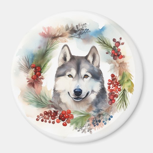 Alaskan Malamute Kerstkrans feestelijke pup Magneet (Voorkant)