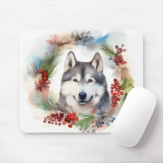 Alaskan Malamute Kerstkrans feestelijke pup Muismat (Met muis)