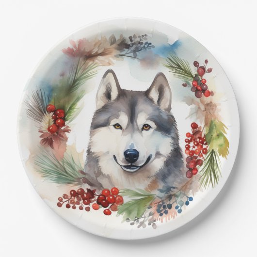 Alaskan Malamute Kerstkrans feestelijke pup Papieren Bordje (Voorkant)