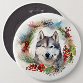 Alaskan Malamute Kerstkrans feestelijke pup Ronde Button 6,0 Cm (Voorkant /achterkant)