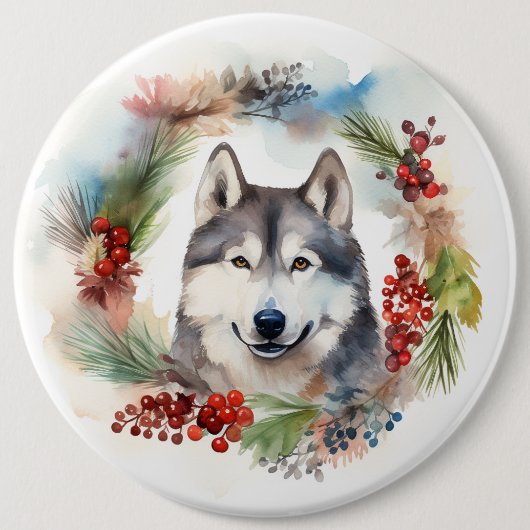 Alaskan Malamute Kerstkrans feestelijke pup Ronde Button 6,0 Cm (Voorkant)
