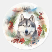 Alaskan Malamute Kerstkrans feestelijke pup Ronde Sticker (Voorkant)