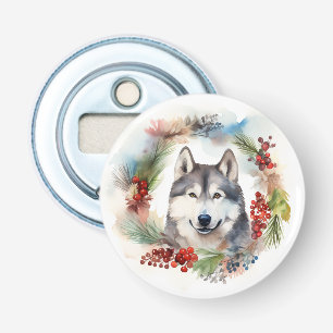 Alaskan Malamute Kerstkrans Festieve Pup Button Flesopener