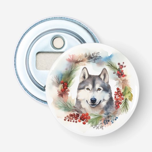 Alaskan Malamute Kerstkrans Festieve Pup Button Flesopener (Voorkant)