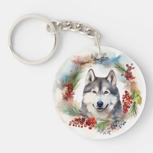 Alaskan Malamute Kerstkrans Festieve Pup Sleutelhanger (Voorkant)