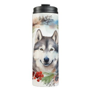 Alaskan Malamute Kerstkrans Festieve Pup Thermosbeker