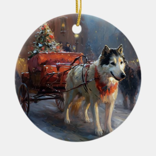 Alaskan Malamute Kerstmis Feestelijk Seizoen Keramisch Ornament (Voorkant)