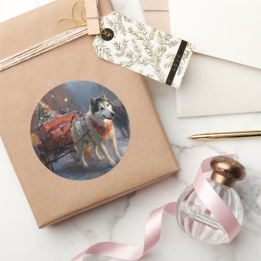 Alaskan Malamute Kerstmis Feestelijk Seizoen Ronde Sticker (Geschenken)