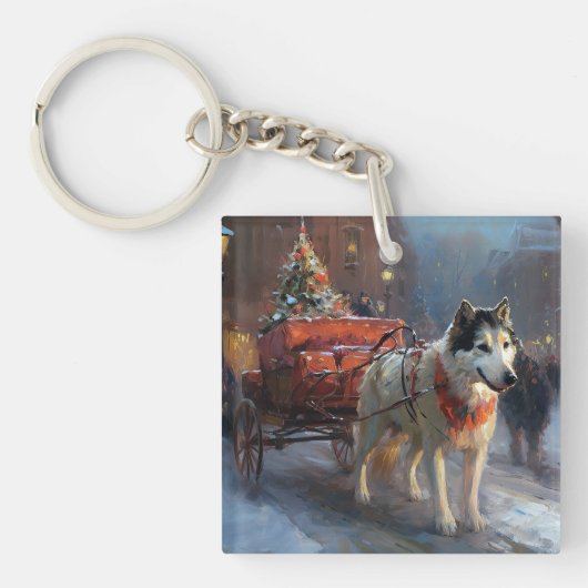 Alaskan Malamute Kerstmis Feestelijk Seizoen Sleutelhanger (Voorkant)