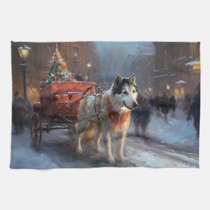 Alaskan Malamute Kerstmis Feestelijk Seizoen Theedoek