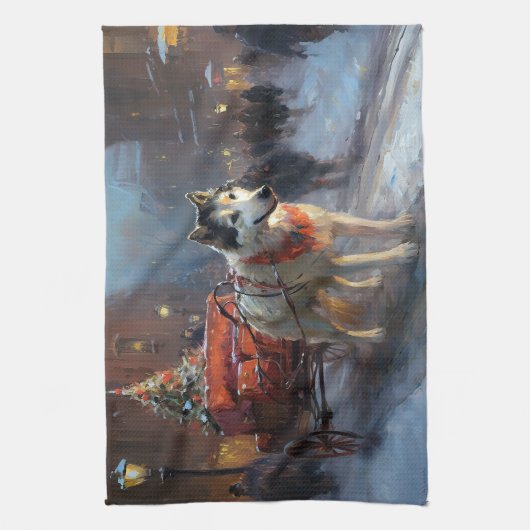 Alaskan Malamute Kerstmis Feestelijk Seizoen Theedoek (Verticaal)