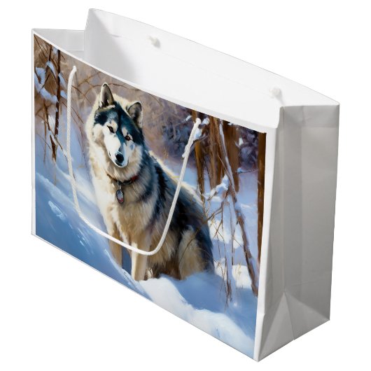 Alaskan Malamute Laat het Sneeuwen Kerstmis Groot Cadeauzakje (Voorkant Gekanteld)