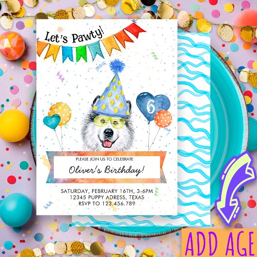 Alaskan Malamute laat Pawty Dog Birthday Party Kaart