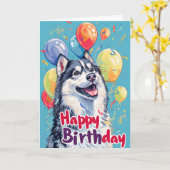 Alaskan Malamute met ballonnen Verjaardag Kaart (Gele Bloem)