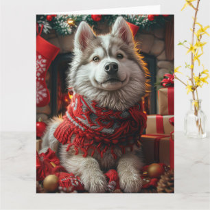 Alaskan Malamute met kerstcadeaus open haard Kaart