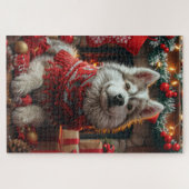 Alaskan Malamute met kerstcadeaus open haard Legpuzzel (Horizontaal)